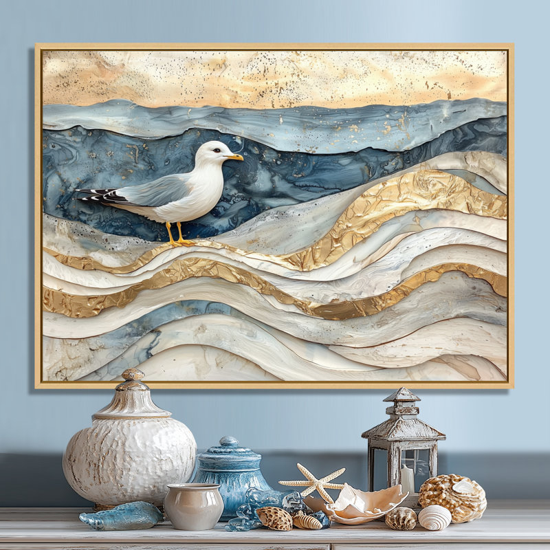 Marbre moderne sur la plage - art mural toile, H 30 po x l 40 po, Reproduction avec cadre flottant, Crème, crème
