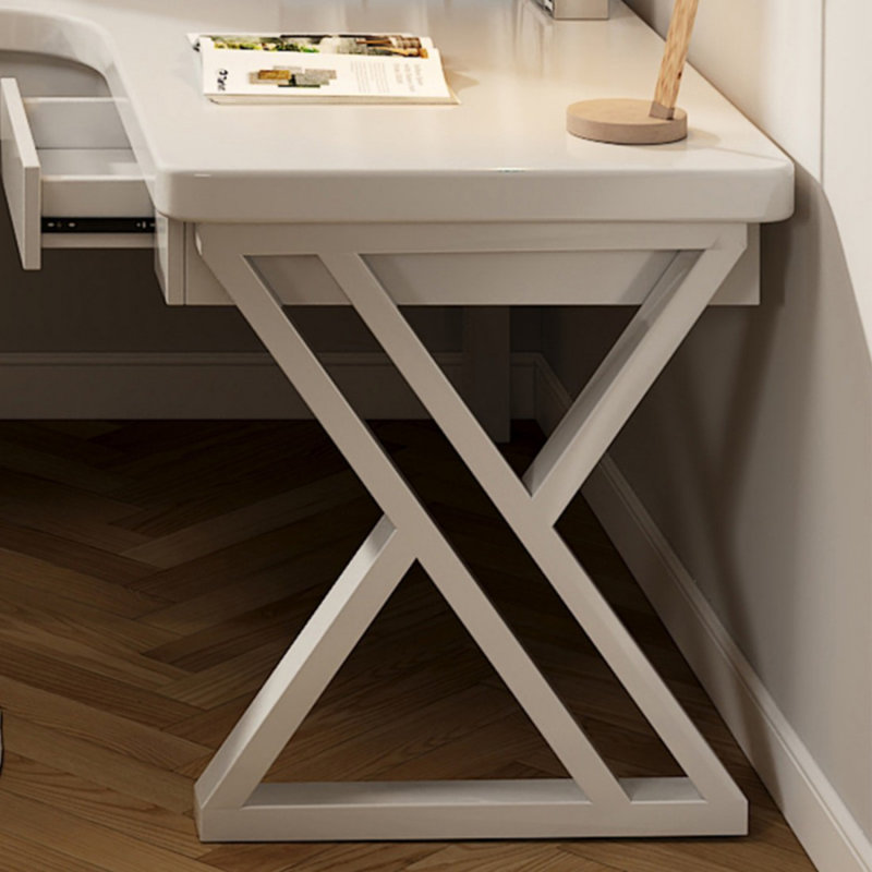 Bureau d'écriture en L en bois massif blanc avec tiroirs, H 29,53 po x l 62,99 po x P 47,24 po, Retour à droite