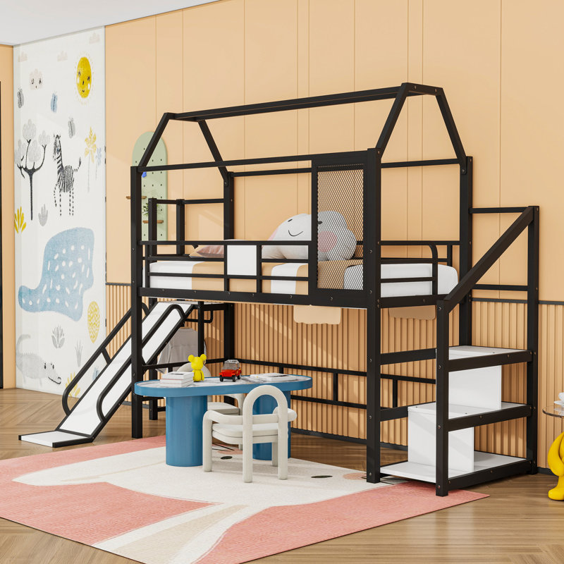 Dreamy House-Shaped Loft Bed With Stairs, Slide And Storage Shelves, Twin, Black