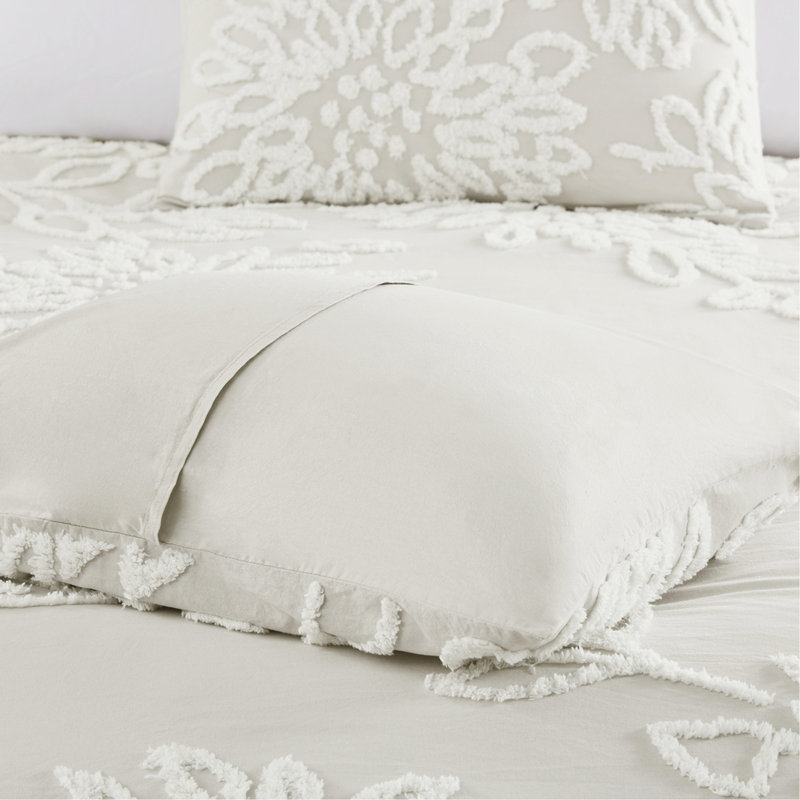 Ensemble d'édredon 3 pièces en chenille de coton capitonné blanc cassé, Édredon très grand + 2 taies décoratives, Blanc cassé