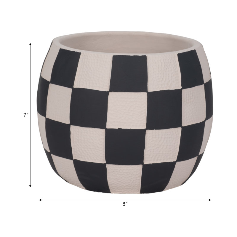 Sagebrook Home 8" Checkerboard Rounded Planter, Black/White, 7" H x 8" W x 8" D