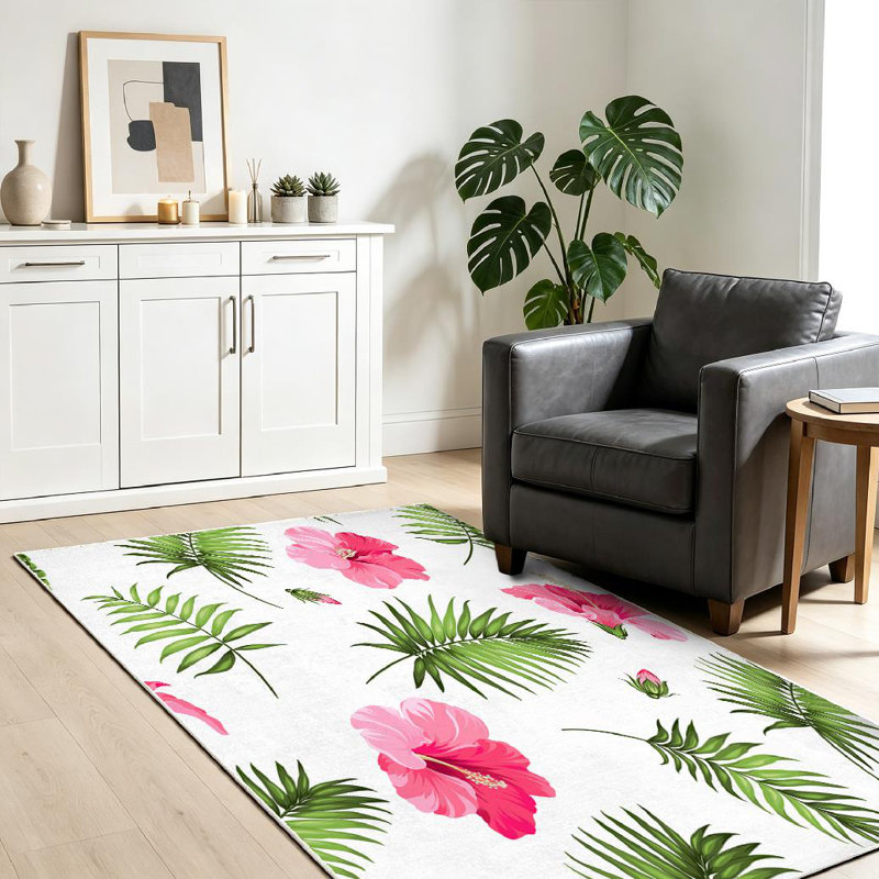Tapis transparent lavable à la machine Hibiscus Beach, Rectangle 39" x 63"