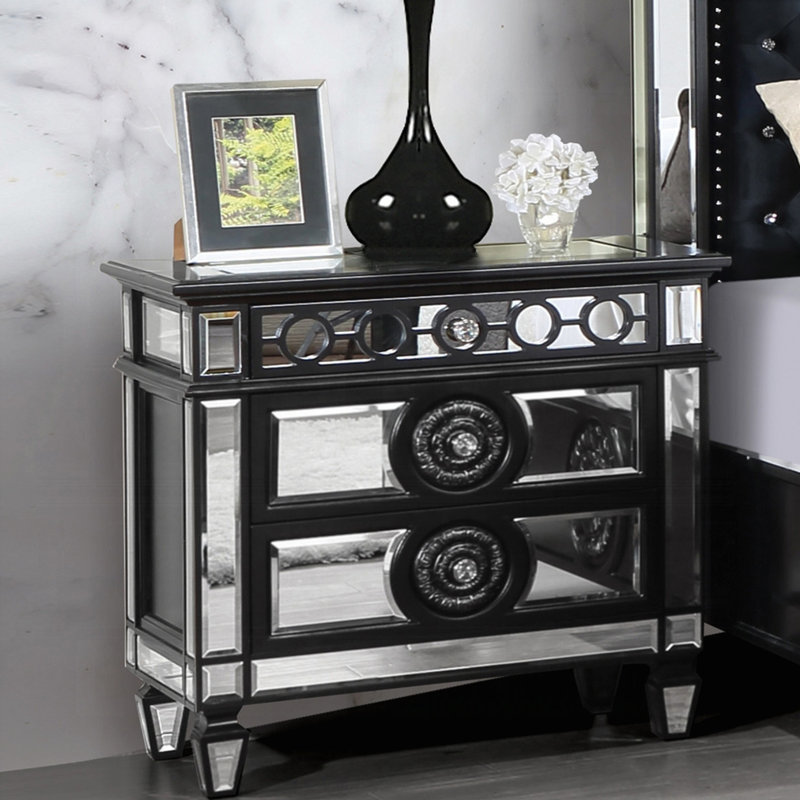 Table de chevet à finition miroir avec 2 tiroirs, Noir / argenté