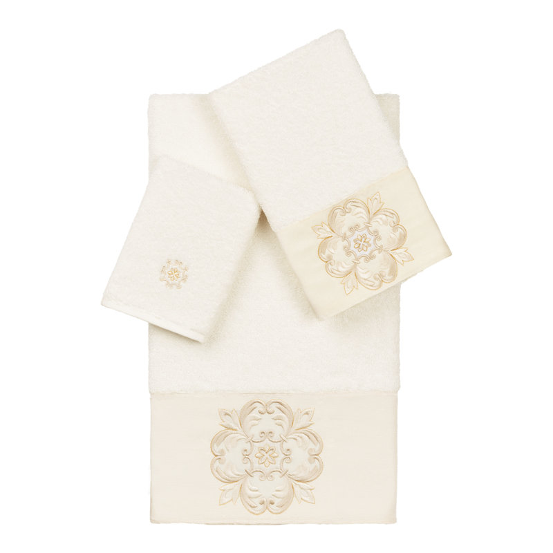 ALYSSA 100% Turkish Cotton Alyssa 3 Piece Embellished Towel Set, Cream