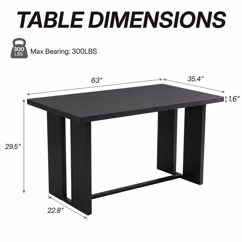 Table de salle à manger rectangulaire en bois de 63 po pour la cuisine, table à manger pour 4 à 6 personnes avec pieds robustes