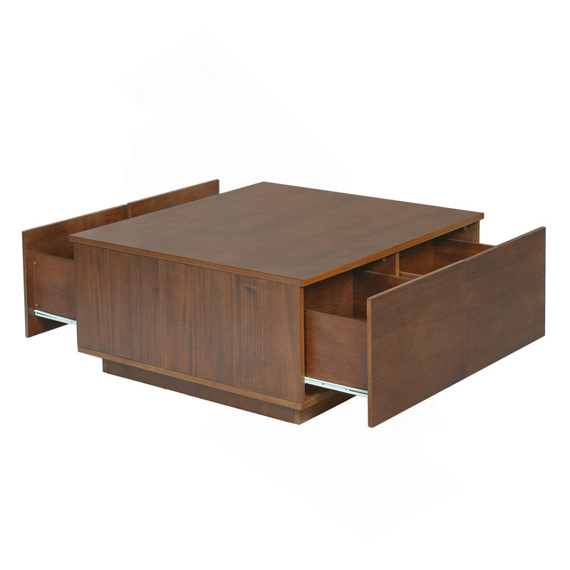 Table basse carrée 33,25 po à 4 tiroirs, Noyer