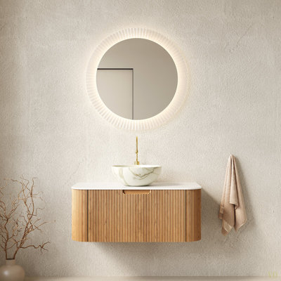 Meuble-lavabo de salle de bain 36 po Dina, armoire de rangement rayée à bords arrondis flottants avec tiroir, cuve en céramique avec cuve en céramique mate et plateau en pierre frittée Carrara, pré-assemblé