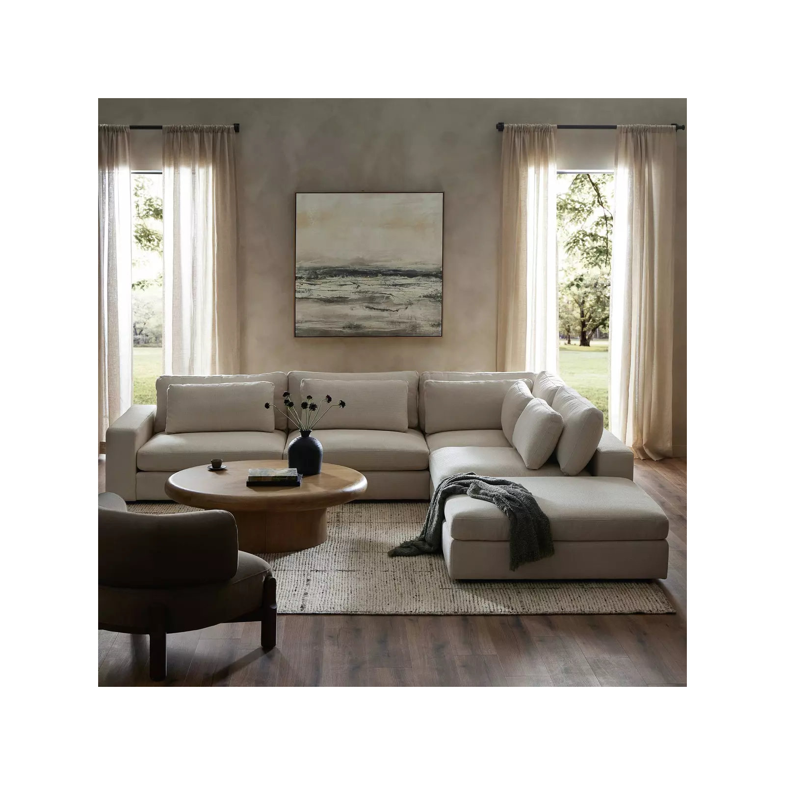 Dolan 5 - Piece Upholstered Modular Chaise Sectional, Right Arm Facing, Landale Charcoal Textured Basketweave