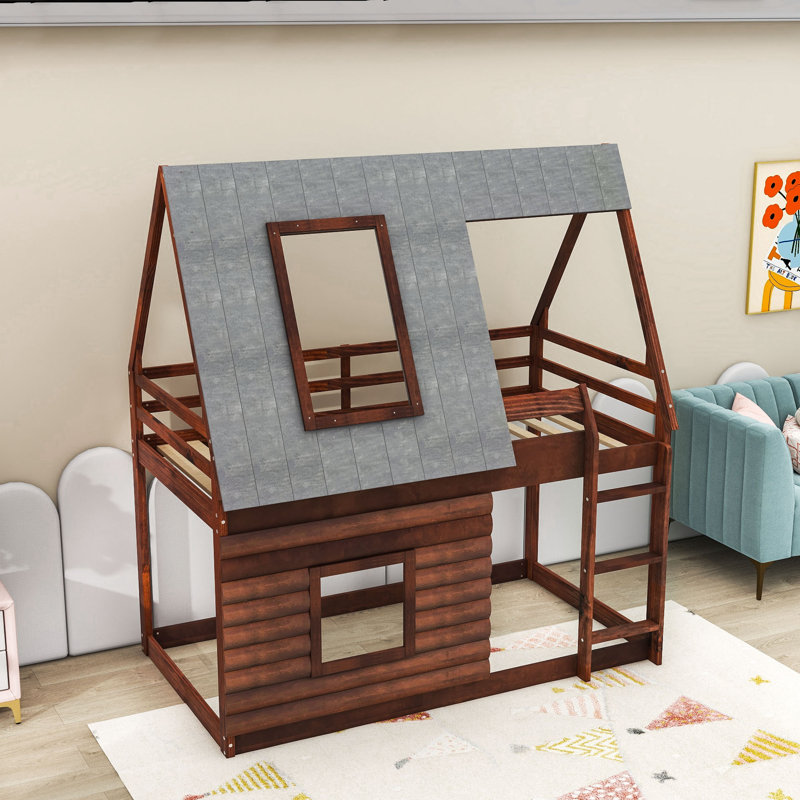 Lit superposé simple en forme de maison en bois avec échelle intégrée et garde-corps de sécurité