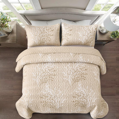 3 Piece Branch Botanical Pattern Bedspread Coverlet Set Soft Lightweight Microfiber Quilt Set for All Season