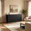 Buffet/meuble console moderne noir cannelé de 140 cm de large, style Art déco, avec grand espace de rangement dissimulé et étagères réglables pour cuisine, salle à manger ou salon.-133670535