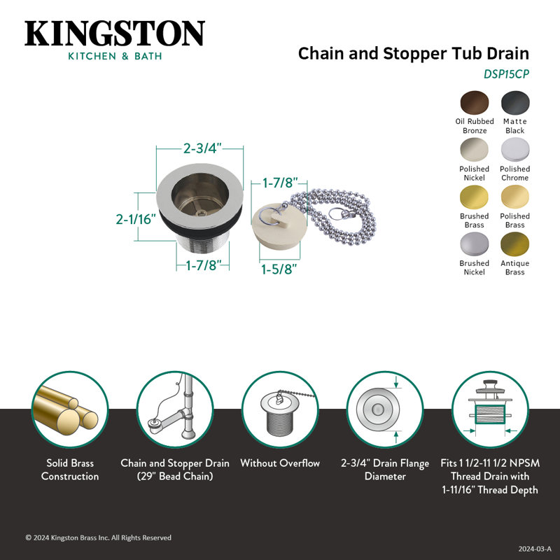 Kingston Brass Made To Match 1-1/2-Inch Chain and Stopper Tub Drain with 1-1/2-Inch Body Thread, Brushed Brass