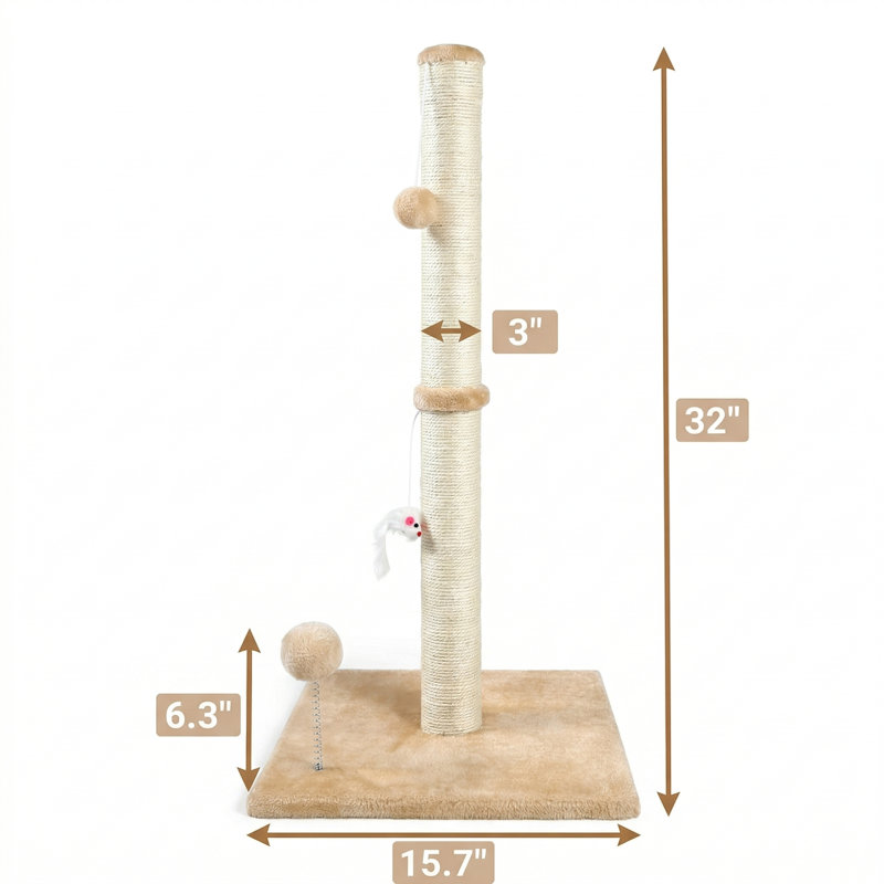 Grattoir à chat vertical 32 pouces 3 en 1 avec jouets en peluche et base renforcée, sisal de qualité supérieure, beige