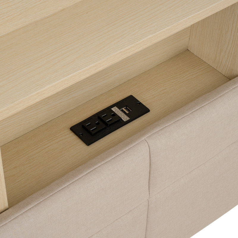 Kejon Upholstered Floating Bed with LED and Storage Headboard, Beige, Full