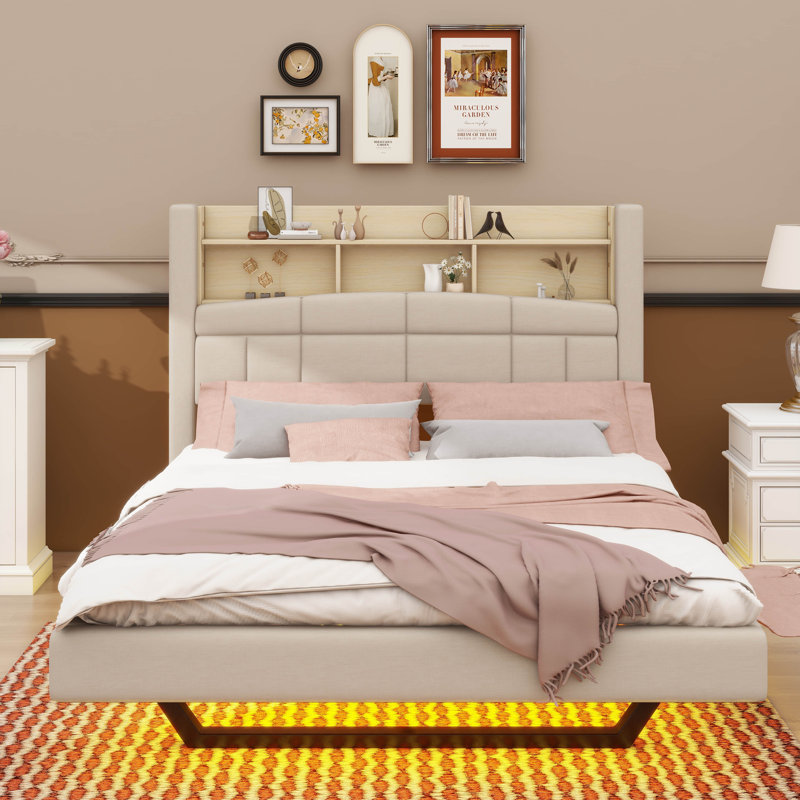 Lit flottant au design rembourré avec éclairage à DEL intégré, Double 