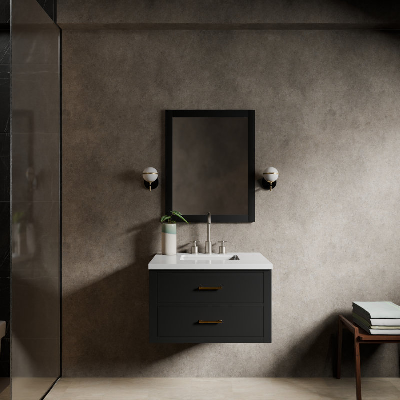 Meuble-lavabo simple l 30 po x P 22 po et miroir 28 po Castor, Noir, Quartz blanc