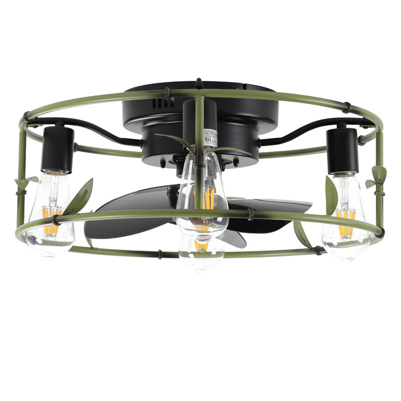 Ventilateur de plafond industriel vert 19 po avec éclairage - Ventilateur de plafond encastré avec télécommande, ventilateur de plafond rustique à 3 lumières, moteur CC réversible silencieux à 6 vitesses pour chambre à coucher, salon (ampoule non incluse)