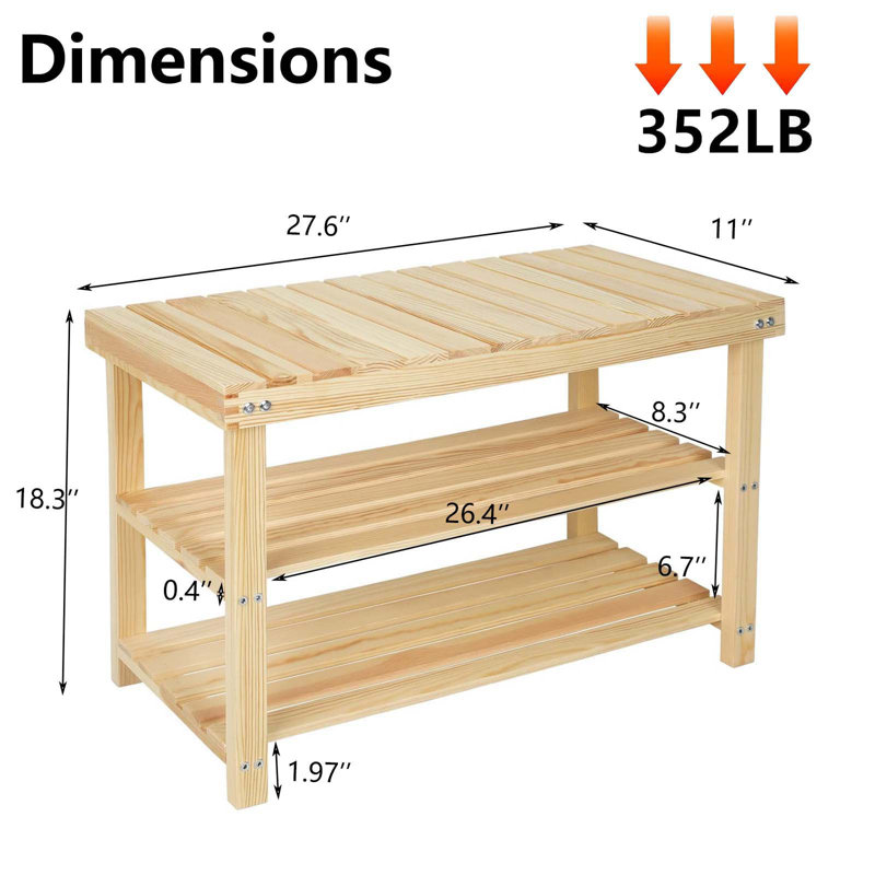 Banc de rangement pour 6 paires de chaussures, étagère à chaussures à 3 niveaux, Bois naturel