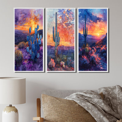 Cactus vert mauve, désert, coucher de soleil I - Collection d'impressions sur toile traditionnelles, 3 pièces