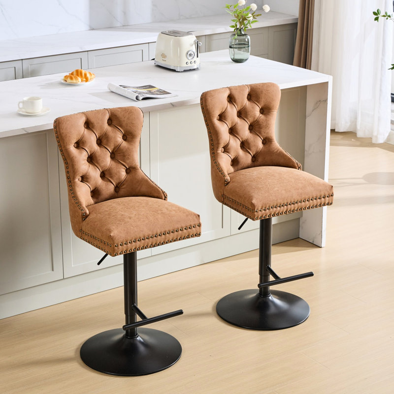 Cuir d'unité centrale moderne avec dossier - siège réglable orange de 2 tabourets de bar confortables pour la maison et la cuisine en rotation à 360 °, siège de 25 à 33 pouces, résilience, ne se déforme jamais