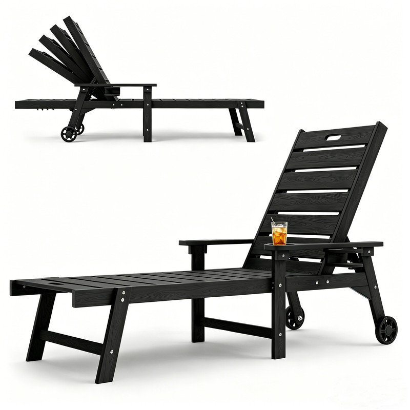 Outdoor Chaise Lounge Chair All Weather HIPS Patio Lounge Chair with 5-Level Adjustable Backrest Built-in Cup Holder and Rolling Wheels, Suitable for Outdoor, Patio, Party Scenes, Black