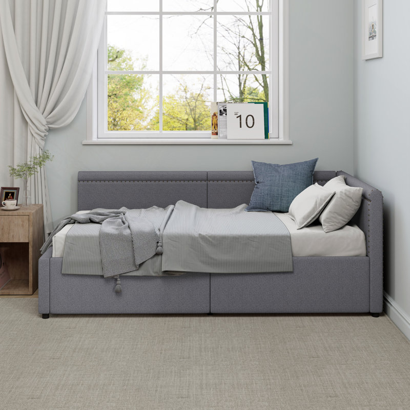 Lit de coin en L de style moderne, lit de jour rembourré en lin avec deux tiroirs de rangement, Gris