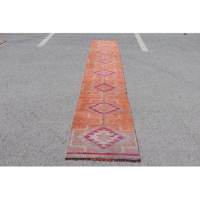 Vintage Turkish Runner Rug In Vibrant Orange Handwoven For Unique Boho Style Long Hallway Home Decor