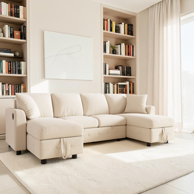 Chenille U-Shaped Sectional Sofa with 2 Storage Chaise Lounges, 2 Square Cushions, Beige Chenille