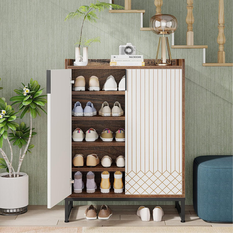 Range-chaussures avec portes, range-chaussures à 5 niveaux, Noir, Blanc/noyer