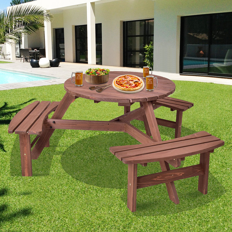 Kristian Round Fir Wood Outdoor Picnic Table With Umbrella Hole , 66.9'' in. W 66.9'' in. D