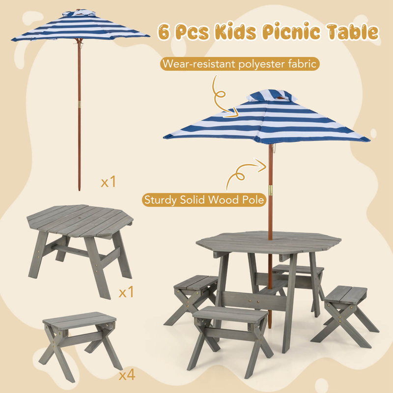 Kids Wooden Table Set With Octagon Table 4 Stools & Removable Adjustable Umbrella Grey