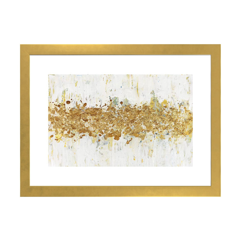 Impression d’art graphique, "Speckles of Gold" par Nikki Chauhan, H 24 po x l 32 po x P 1 po, Papier encadré doré, Blanc