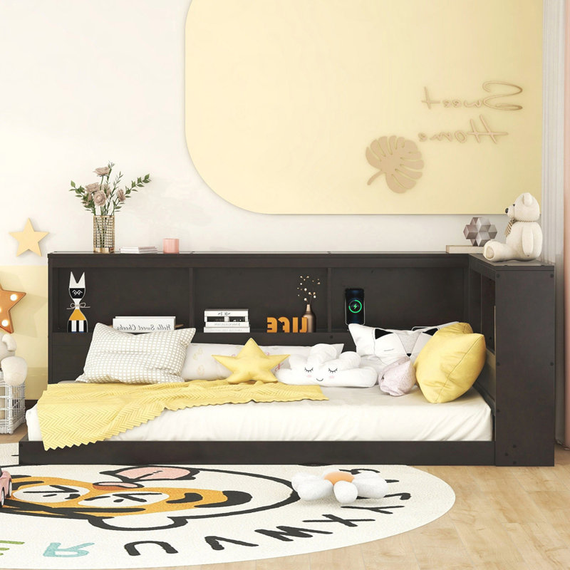 Lit de jour simple en bois avec armoires de rangement et ports USB, Espresso