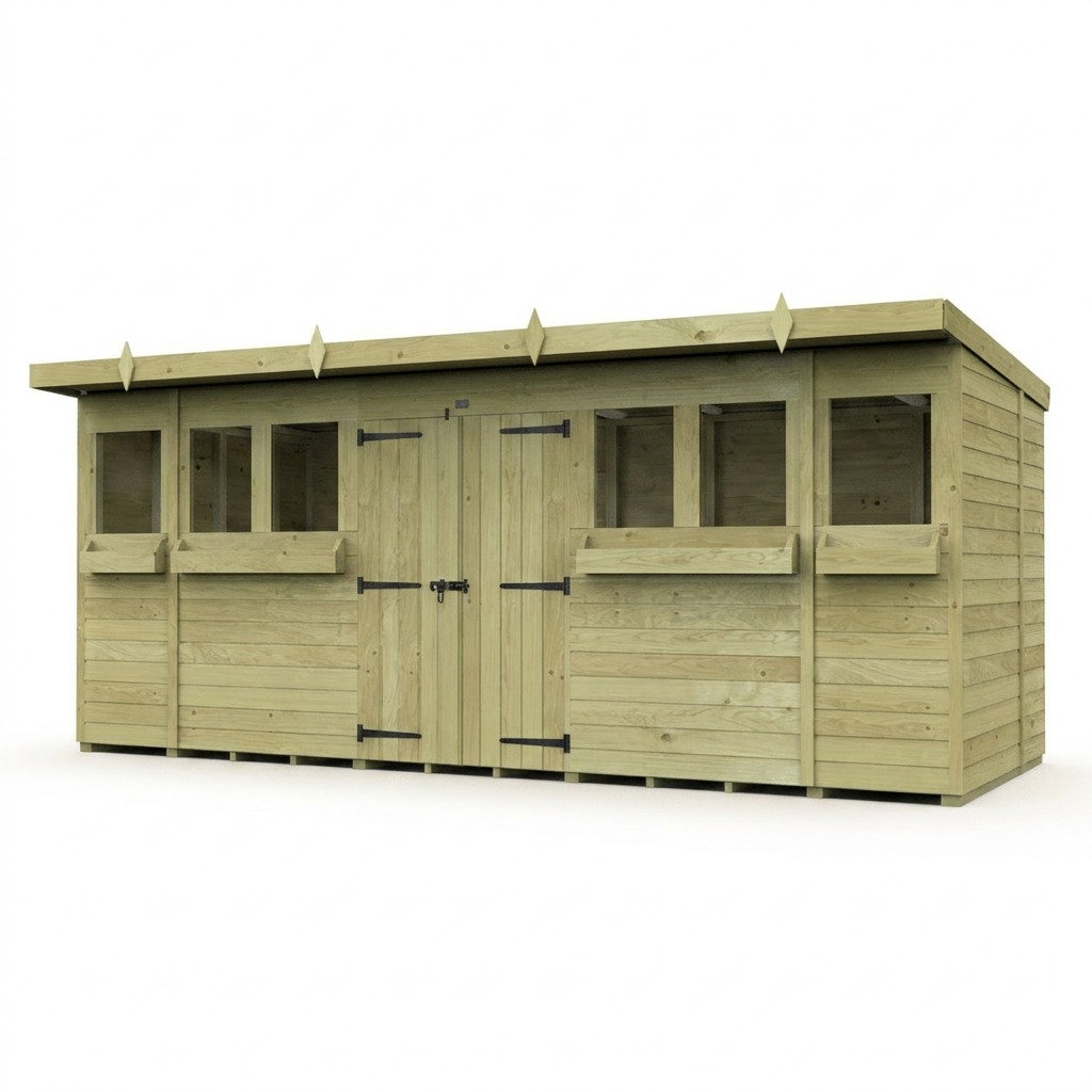 Total Sheds 16ft x 5ft Pent Summer Shed - Toughened Glass External Planters - Pressure Treated Timber - UK Manufactured
