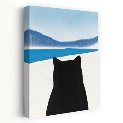 «Black Cat Winter View Minimalist Peaceful Serene Cat Landscape Mountain», reproduction d'art murale