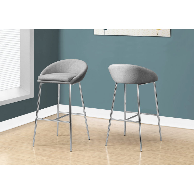 De 2 tabourets de bar modernes, pieds en métal, siège rembourré en mousse grise, supports au design peu encombrant, tissu texturé, dossier confortable