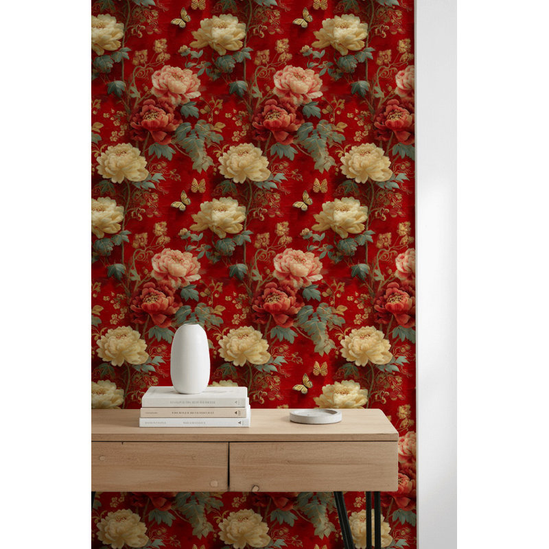 Papier peint oriental oriental à motif floral papillon, Non tissé, non collé