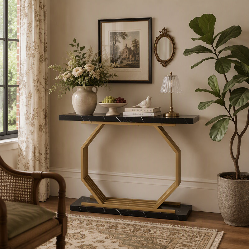 Console en faux marbre, canapé d'appoint 40 "avec base géométrique en métal, Faux Marble Black & Gold / Black, Black