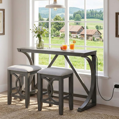 Rustic 3-Piece Counter Height Dining Set with Built-In USB Charging, Ideal for Small Kitchens and Apartments