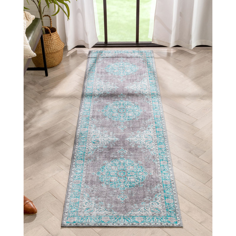 Nile Vintage Flat-Weave Machine Washable Medallion Teal Rug, Runner 63 x 220cm