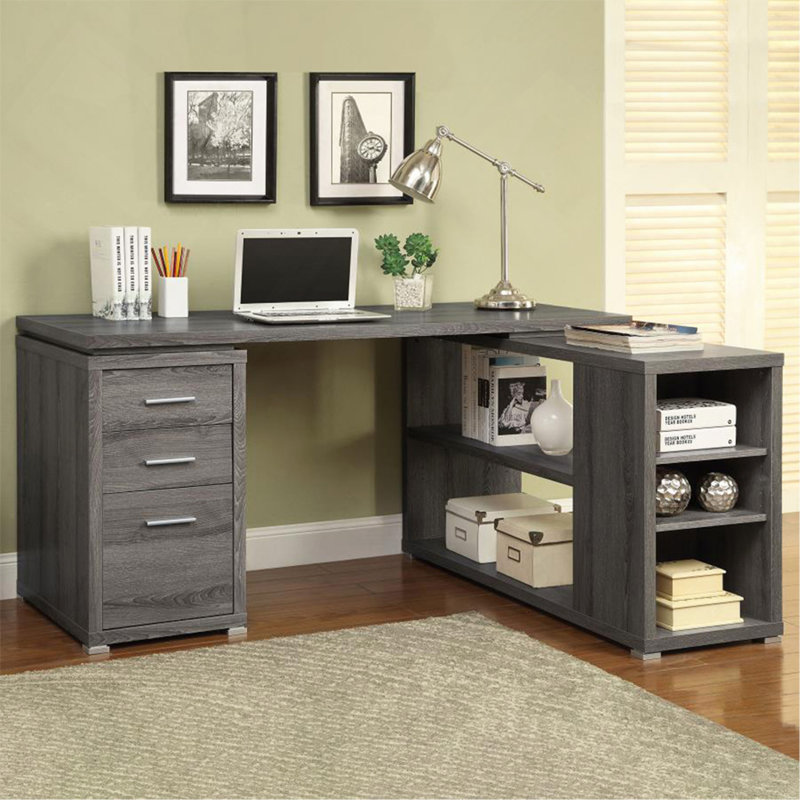 Bureau en L avec tiroirs et tablettes, gris vieilli