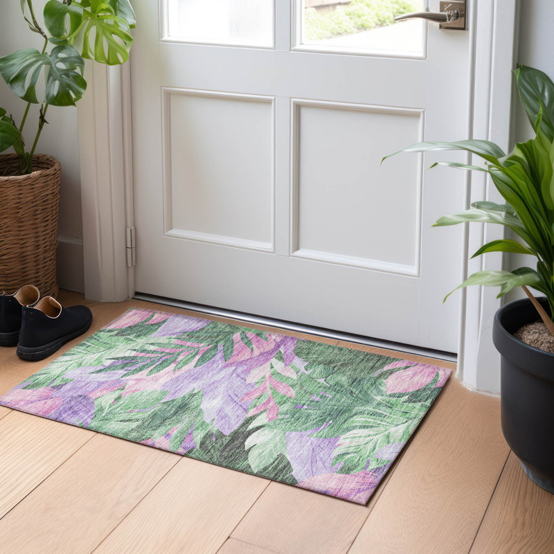Sage Green and Purple Floral Washable Rectangular Rug