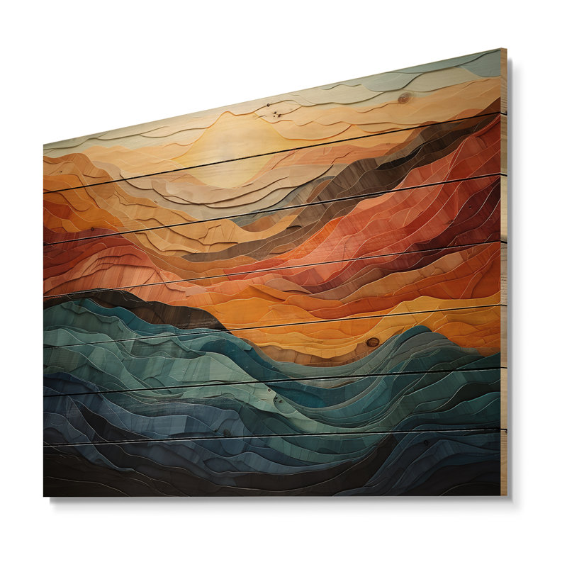 Paysage de montagnes corail bleu sarcelle sur bois, H 30 po x l 40 po x P 0,78 po