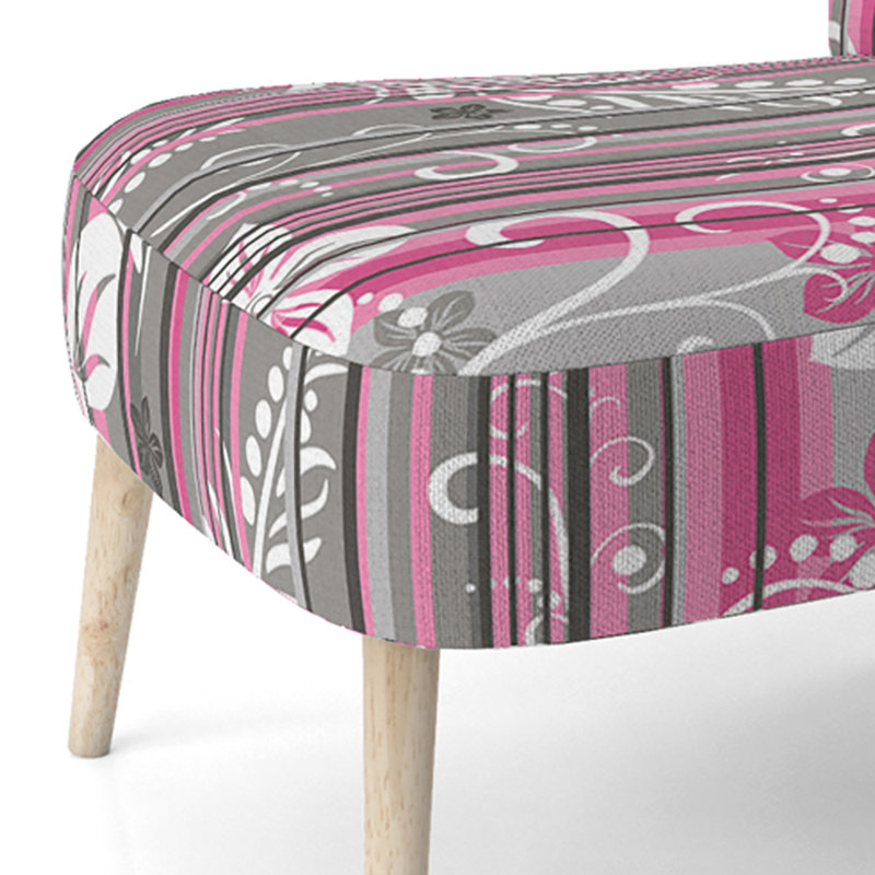 Chaise d'appoint rembourrée à motif floral rayé rose et gris
