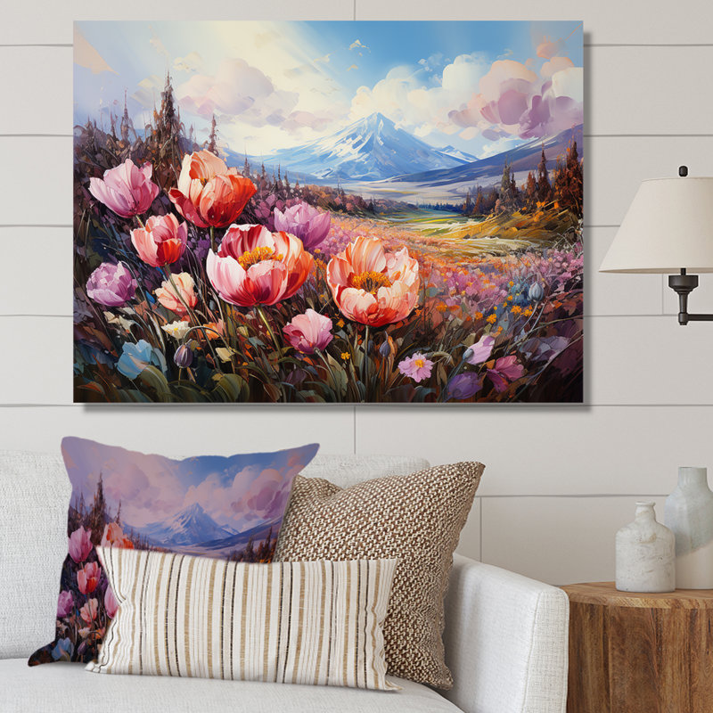 «Tulipes mauves sur une montagne», impression sur toile, Toile tendue, H 24 po x l 32 po x P 1 po