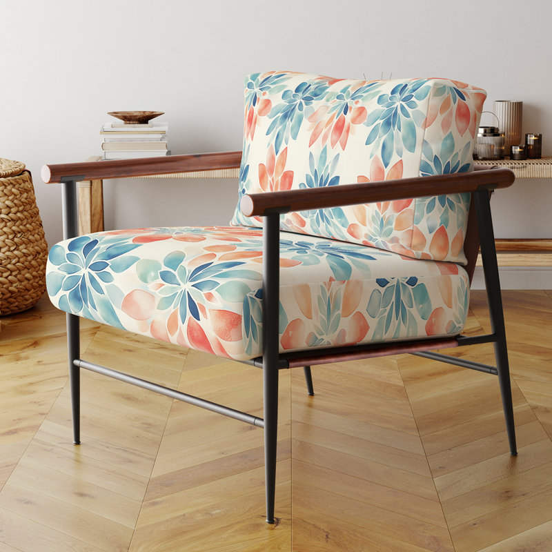 Chaise marocaine rembourrée avec accoudoirs pastel boho mandala, Bras ronds bruns
