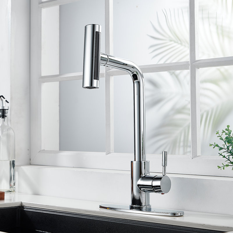 Pull Down Single Handle Kitchen Faucet With Deck Plate 4 Spray Function, Matte Black