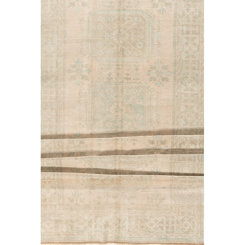 Tapis de couloir unique en laine beige / bleu clair / gris 4 pi 7 po x 11 pi 3 po style années 1940