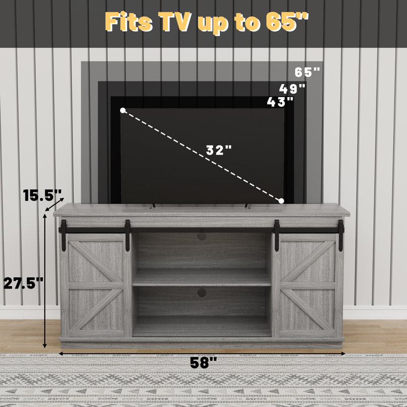 Ben Tv Stand For Tvs Up To 65" With Double Sliding Barn Doors And Storage Cabinets, Gray Wood