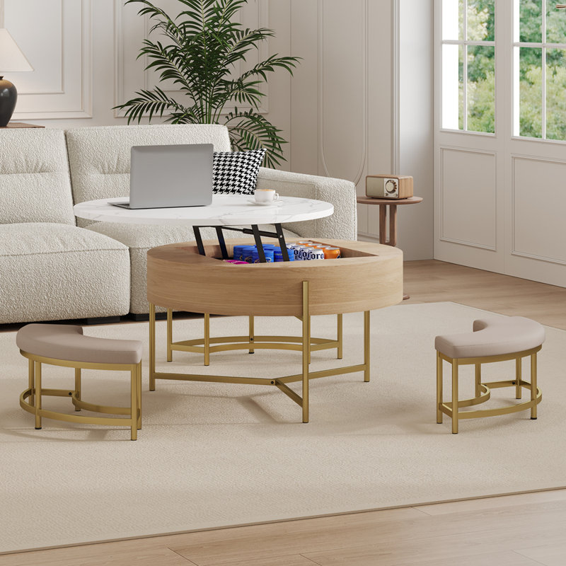 Table basse à plateau relevable moderne avec rangement et 3 repose-pieds blanc et naturel, Naturel